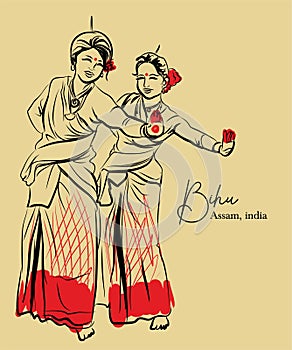 Indian folk dance from the Indian state of Assam sketch or vector illustration photo